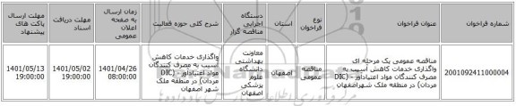 مناقصه، مناقصه عمومی یک مرحله ای واگذاری خدمات کاهش آسیب به مصرف کنندگان مواد اعتیادآور  - (DIC مردان)  در منطقه ملک شهراصفهان