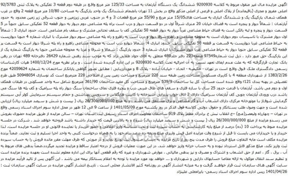 آگهی مزایده ششدانگ یک دستگاه آپارتمان به مساحت 125/33 متر مربع