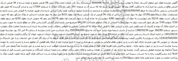 آگهی مزایده ششدانگ یک باب عمارت تحت پلاک ثبتی 59 فرعی مفروز و مجزا شده از 34 فرعی از یک اصلی