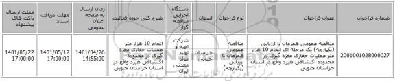 مناقصه، مناقصه عمومی همزمان با ارزیابی (یکپارچه) یک مرحله ای انجام 10 هزار متر عملیات حفاری مغزه گیری در محدوده اکتشافی هیرد واقع در استان خراسان جنوبی