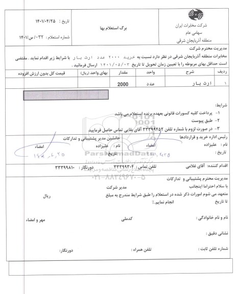 استعلام خرید 2000 عدد ارت بار