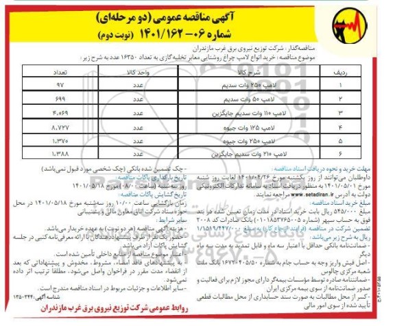 مناقصه خرید انواع لامپ چراغ روشنایی معابر تخلیه گازی  به تعداد 16350 نوبت دوم