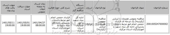 مناقصه، مناقصه عمومی همزمان با ارزیابی (یکپارچه) یک مرحله ای قرارداد  حجمی انجام امور مرتبط باخدمات پشتیبانی اداره کل بنیاد شهید و امورایثارگران استان مرکزی