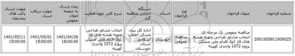 مناقصه، مناقصه عمومی یک مرحله ای انتخاب مشاور طراحی وتهیه نقشه های فاز 1و2 اقدام ملی مسکن پروژه  1072 واحدی کوپیته