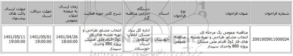 مناقصه، مناقصه عمومی یک مرحله ای انتخاب مشاور طراحی و تهیه نقشه های فاز 1و2 اقدام ملی مسکن پروژه  880 واحدی سپیدار