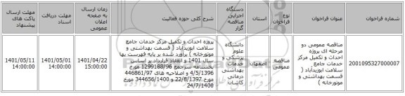 مناقصه، مناقصه عمومی دو مرحله ای پروژه احداث و تکمیل مرکز خدمات جامع سلامت ابوزیدآباد ( قسمت بهداشتی و موتورخانه )