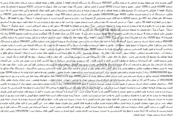 آگهی مزایده ششدانگ یک دستگاه آپارتمان قطعه 1 تفکیکی واقع در طبقه همکف سمت شمال دارای پلاک ثبتی به شماره 101699 فرعی از 2395- اصلی