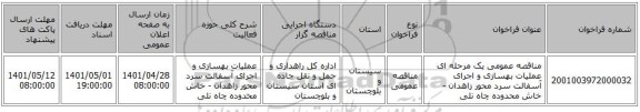 مناقصه، مناقصه عمومی یک مرحله ای عملیات بهسازی و اجرای آسفالت سرد محور زاهدان - خاش محدوده چاه نلی