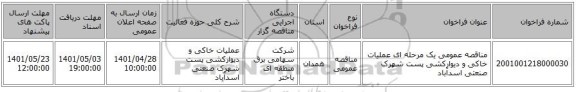 مناقصه، مناقصه عمومی یک مرحله ای عملیات خاکی و دیوارکشی پست شهرک صنعتی اسدآباد