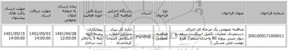 مناقصه، مناقصه عمومی یک مرحله ای اجرای دستمزدی عملیات تکمیل اسکلت ، سقف و دیوار چینی پروژه 80 واحدی سنقر ( طرح نهضت ملی مسکن )