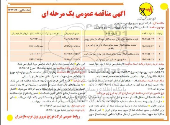 تجدید مناقصه اجرای طرح سیم به کابل خود نگه دار....