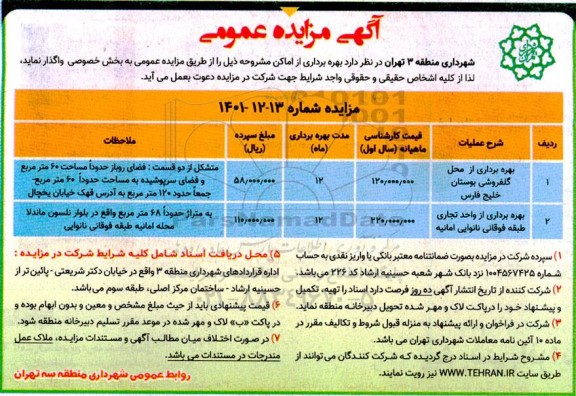 مزایده بهره برداری از اماکن