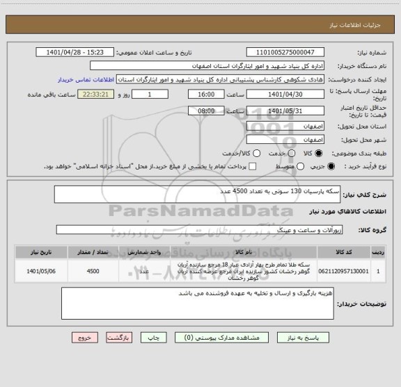 استعلام سکه پارسیان 130 سوتی به تعداد 4500 عدد