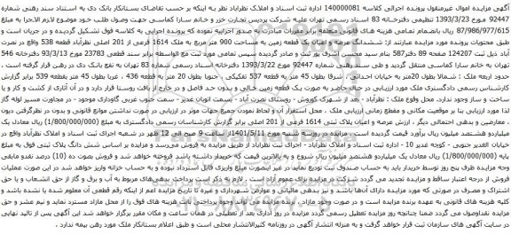 آگهی مزایده ششدانگ عرصه و اعیان یک قطعه زمین به مساحت 900 متر مربع به ملک 1614 فرعی از 201 اصلی