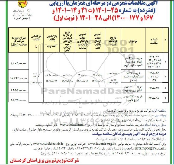 مناقصه مناقصه خرید 34000 متر انواع کابل فشار ضعیف...