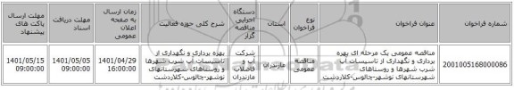 مناقصه، مناقصه عمومی یک مرحله ای بهره برداری و نگهداری از تاسیسات آب شرب شهرها و روستاهای شهرستانهای نوشهر-چالوس-کلاردشت