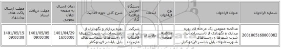 مناقصه، مناقصه عمومی یک مرحله ای بهره برداری و نگهداری از تاسیسات آب شرب شهرها و روستاهای شهرستانهای بابل-بابلسر-فریدونکنار