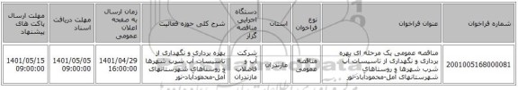 مناقصه، مناقصه عمومی یک مرحله ای بهره برداری و نگهداری از تاسیسات آب شرب شهرها و روستاهای شهرستانهای آمل-محمودآباد-نور