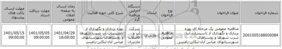 مناقصه، مناقصه عمومی یک مرحله ای بهره برداری و نگهداری از تاسیسات آب شرب شهرها و روستاهای شهرستانهای عباس آباد-تنکابن-رامسر