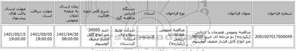 مناقصه، مناقصه عمومی همزمان با ارزیابی (یکپارچه) دو مرحله ای خرید 34000 متر انواع کابل فشار ضعیف آلومینیوم