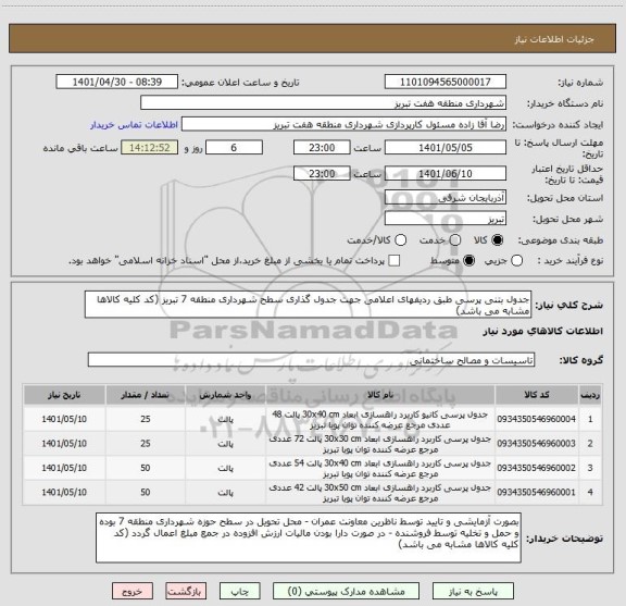 استعلام جدول بتنی پرسی طبق ردیفهای اعلامی جهت جدول گذاری سطح شهرداری منطقه 7 تبریز (کد کلیه کالاها مشابه می باشد)