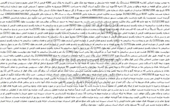 آگهی مزایده ششدانگ یک قطعه خانه مشتمل بر محوطه نوع ملک طلق با کاربری به پلاک ثبتی 4380 فرعی از 14 اصلی