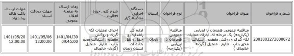 مناقصه، مناقصه عمومی همزمان با ارزیابی (یکپارچه) یک مرحله ای اجرای عملیات لکه گیری و روکش مقطعی آسفالت محور بناب - طارم - منجیل (گردنه خانچای )