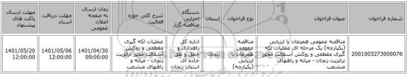 مناقصه، مناقصه عمومی همزمان با ارزیابی (یکپارچه) یک مرحله ای عملیات لکه گیری مقطعی و روکش آسفالت محور ترانزیت زنجان - میانه و راههای منشعب