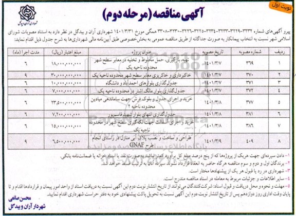 مناقصه تهیه، بارگیری، حمل مخلوط و تخلیه در معابر سطح شهر محدوده ناحیه یک... مرحله دوم