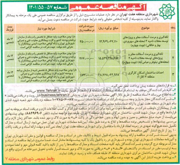 مناقصه لکه گیری و مرمت آسفالت معابر و پروژه های توسعه محلات....