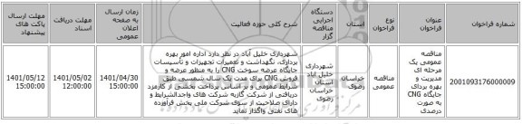 مناقصه، مناقصه عمومی یک مرحله ای مدیریت و بهره بردای جایگاه CNG به صورت درصدی