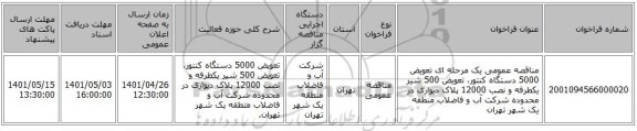 مناقصه، مناقصه عمومی یک مرحله ای تعویض 5000 دستگاه کنتور، تعویض 500 شیر یکطرفه و نصب 12000 پلاک دیواری در محدوده شرکت آب و فاضلاب منطقه یک شهر تهران