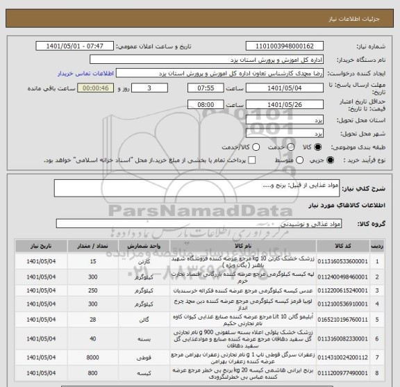 استعلام مواد غذایی از قبیل: برنج و....