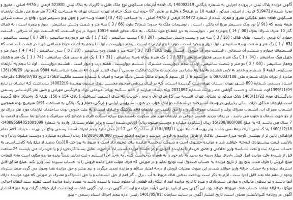 آگهی مزایده یک قطعه آپارتمان مسکونی نوع ملک طلق با کاربری به پلاک ثبتی 521831 فرعی از 4476 اصلی