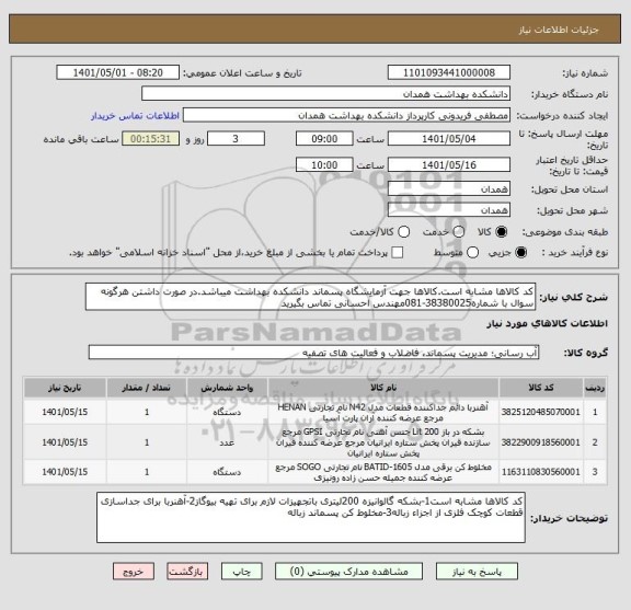 استعلام کد کالاها مشابه است.کالاها جهت آزمایشگاه پسماند دانشکده بهداشت میباشد.در صورت داشتن هرگونه سوال با شماره38380025-081مهندس احسانی تماس بگیرید