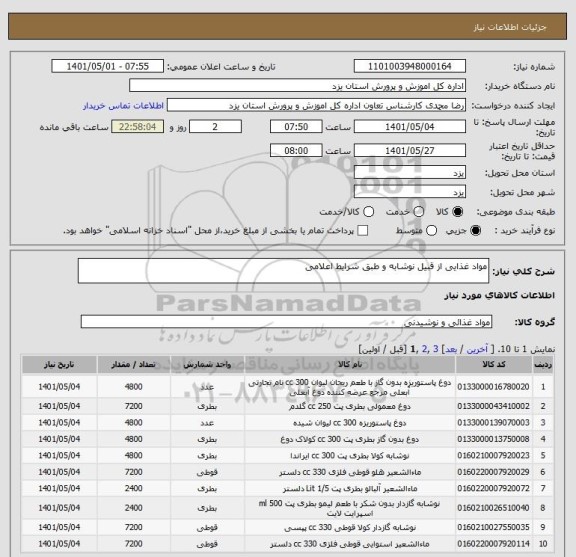 استعلام مواد غذایی از قبیل نوشابه و طبق شرایط اعلامی