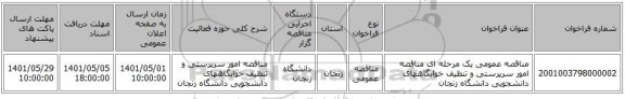 مناقصه، مناقصه عمومی یک مرحله ای  مناقصه امور سرپرستی و تنظیف خوابگاههای دانشجویی دانشگاه زنجان