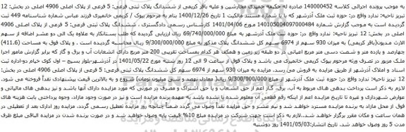 آگهی مزایده  ششدانگ پلاک ثبتی فرعی: 5 فرعی از پلاک اصلی 4906 اصلی