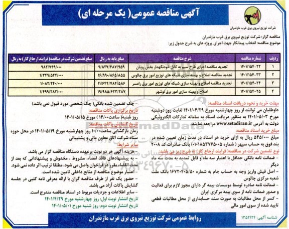 تجدید مناقصه اجرای طرح سیم به کابل خود نگه دار... نوبت دوم