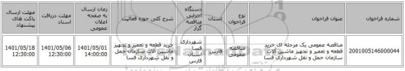 مناقصه، مناقصه عمومی یک مرحله ای خرید قطعه و تعمیر و تجهیز ماشین آلات سازمان حمل و نقل شهرداری فسا