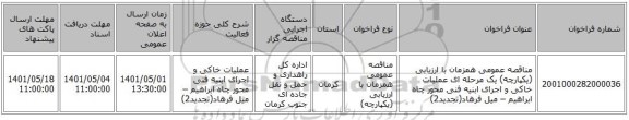 مناقصه، مناقصه عمومی همزمان با ارزیابی (یکپارچه) یک مرحله ای عملیات خاکی و اجرای ابنیه فنی محور چاه ابراهیم – میل فرهاد(تجدید2)