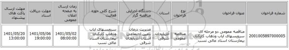 مناقصه، مناقصه عمومی دو مرحله ای سرویسهای ایاب وذهاب کارکنان بیمارستان استاد عالی نسب