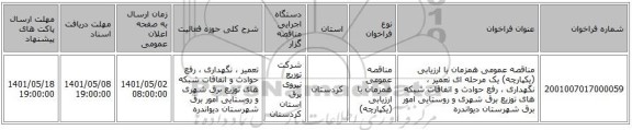 مناقصه، مناقصه عمومی همزمان با ارزیابی (یکپارچه) یک مرحله ای تعمیر ، نگهداری ، رفع حوادث و اتفاقات شبکه های توزیع برق شهری و روستایی امور برق شهرستان دیواندره