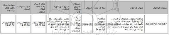 مناقصه، مناقصه عمومی همزمان با ارزیابی (یکپارچه) یک مرحله ای تعمیر ، نگهداری ، رفع حوادث و اتفاقات شبکه های توزیع برق شهری و روستایی امور برق شهرستان بانه