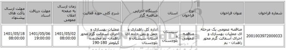 مناقصه، مناقصه عمومی یک مرحله ای عملیات بهسازی و اجرای آسفالت گرم محور زاهدان - بم