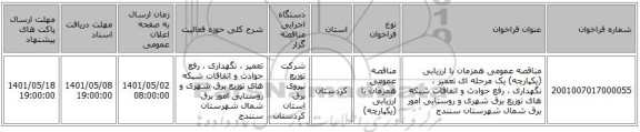 مناقصه، مناقصه عمومی همزمان با ارزیابی (یکپارچه) یک مرحله ای تعمیر ، نگهداری ، رفع حوادث و اتفاقات شبکه های توزیع برق شهری و روستایی امور برق شمال شهرستان سنندج