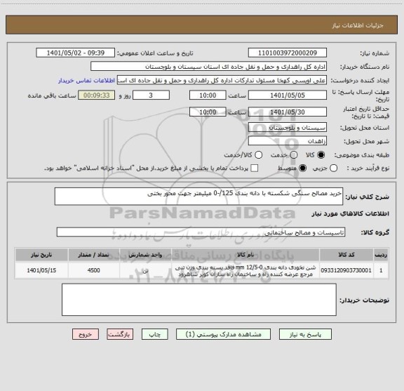 استعلام خرید مصالح سنگی شکسته با دانه بندی 125/-0 میلیمتر جهت محور بختی