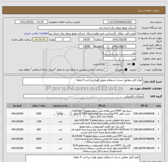 استعلام انواع کابل مطابق اسناد استعلام تحویل فوری پرداخت 4 ماهه