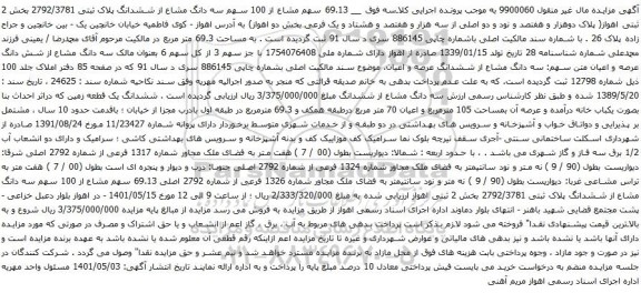 آگهی مزایده 69.13 سهم مشاع از 100 سهم سه دانگ مشاع از ششدانگ پلاک ثبتی 2792/3781 بخش 2 ثبتی