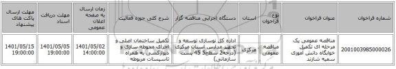 مناقصه، مناقصه عمومی یک مرحله ای تکمیل خوابگاه دانش آموزی سمیه شازند